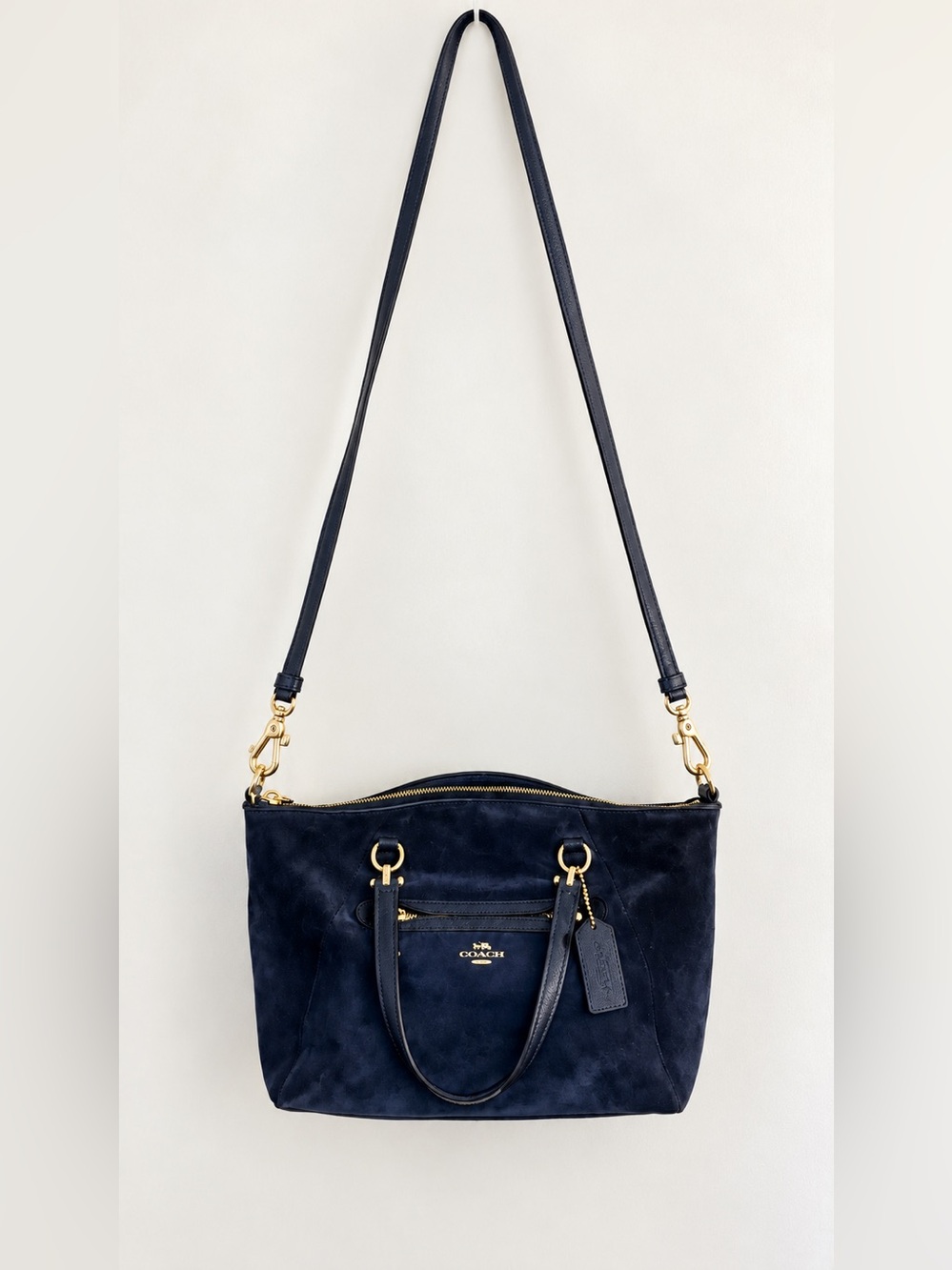 COACH 2 Way Navy Blue Suede Leather Satchel Crossbody Bag Gold Hardware